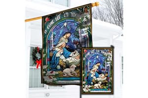 HAIHAUPOD Holy Family O Come Let Us Adore Him Winter Flag, Nativity Religious Christmas Banners For Outside, Merry Flags Outdoors Set 2 House Flag 28 x 40 and Garden Flag 12x18 Double Side, Xmas (House+Garden Flags)
