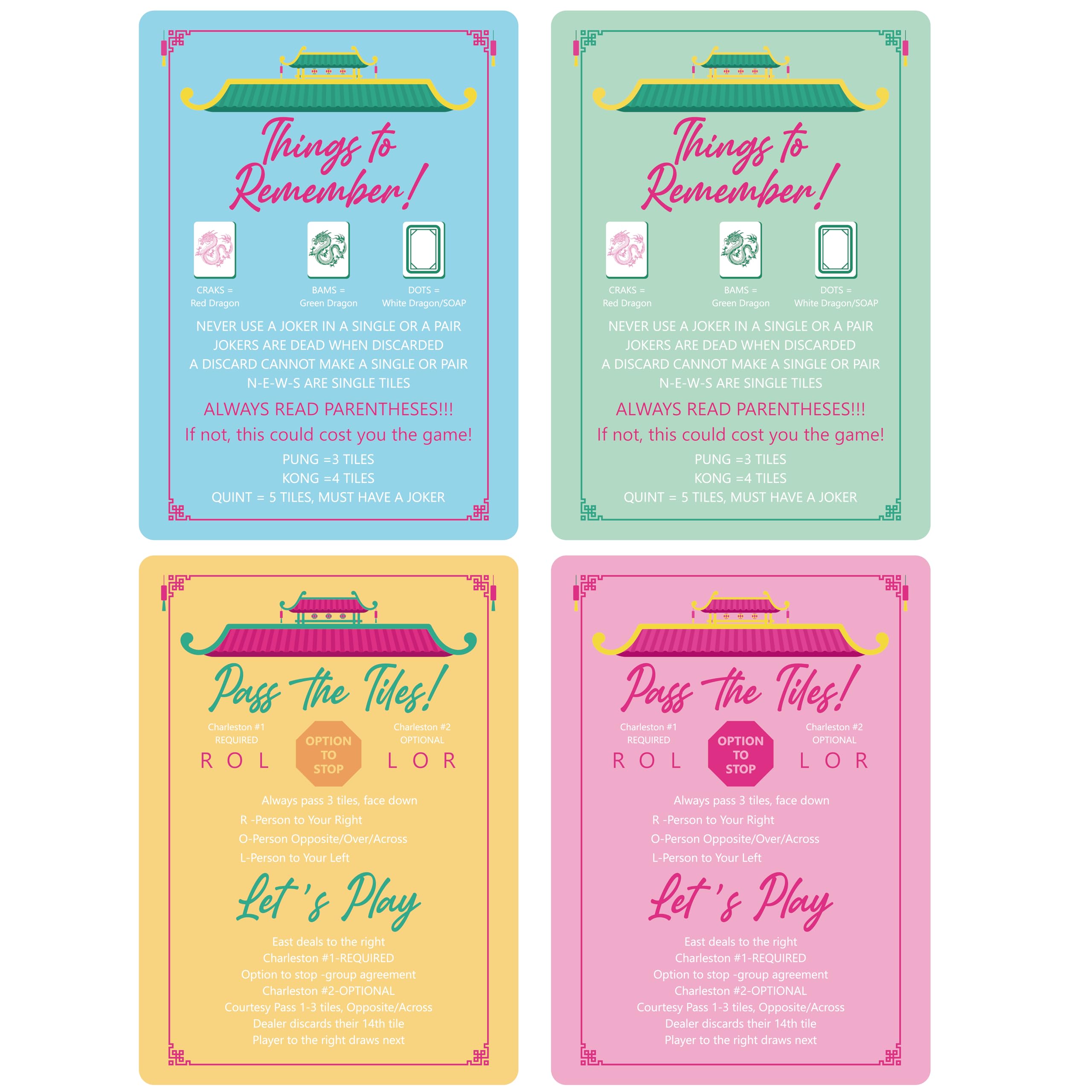 BrightRow 4 Pcs Mahjong Shuffler Cards for Tiles Mixing & Shuffling Portable Mah Jong Accessories Gifts Party Supplies Waterproof Rules Printed Mixer 7 x 5 in for Tiles Players Lovers(Pastel,Linear)
