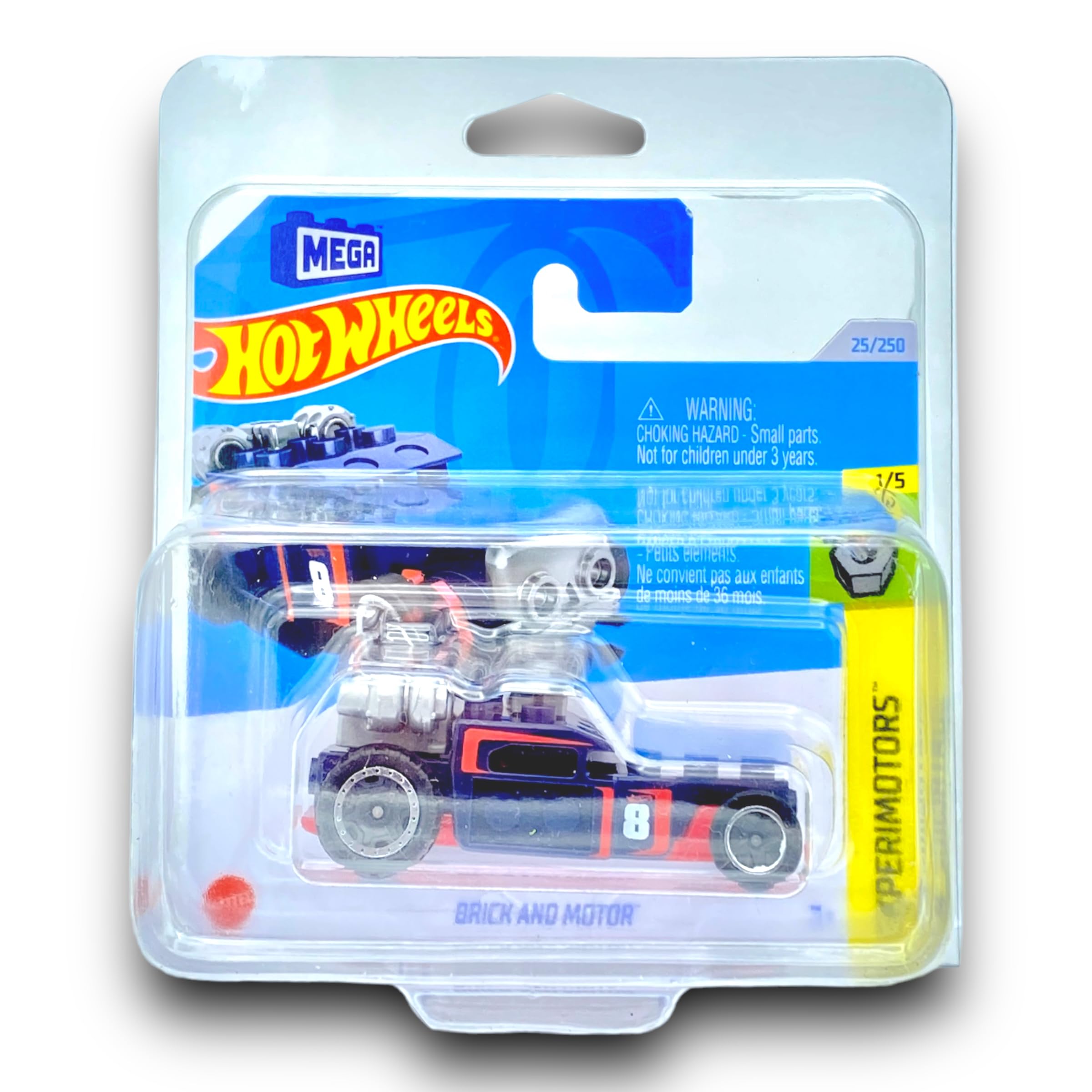 Hot Wheels Brick And Motor - LEGO Compatible Car (Dark Blue, Red and Silver) 1/5 Experimotors - 2024-25/250 (Short Card) - COMES IN A KLAS CAR KEEPER SHORT CARD PROTECTOR CASE - HTC55