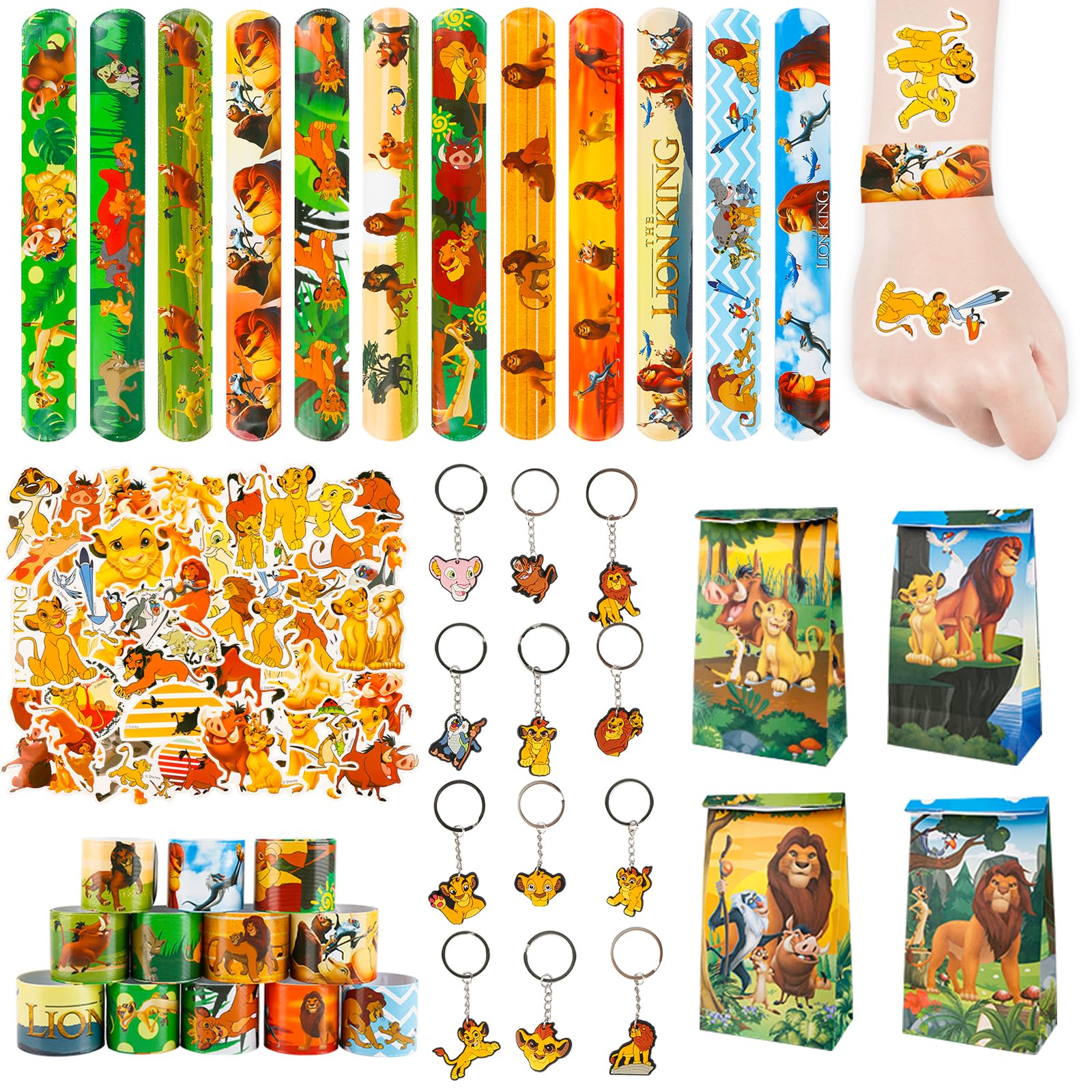 86PCS Animal Party Bag Fillers for Kids, Lion Party Favours Toys with 12Pcs Slap Bands12 Pcs Keychains 50Pcs Stickers 12Pcs Gift Bags Theme Birthday Halloween Christmas Gifts Toys for Boys Girls