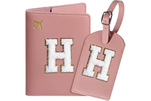 ROKOXIN Passport Cover Case and Luggage Tag Set for Women Girls, Passport Book Holder with Personalized Chenille Letter Patch, Slim Travel Wallet Bag Suitcase Identifier, Pink, H