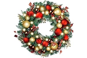 WANNA-CUL Pre-Lit 30 Inch Large Christmas Wreath for Front Door with 50 Led Lights,Luxury Red Gold Lighted Christmas Door Wreath Decor with Ball Ornaments, Battery Operated