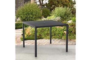 Stabrech Square Outdoor Dining Table for 4, Metal Patio Dining Table with Umbrella Hole for Garden, Backyard and Deck, Black