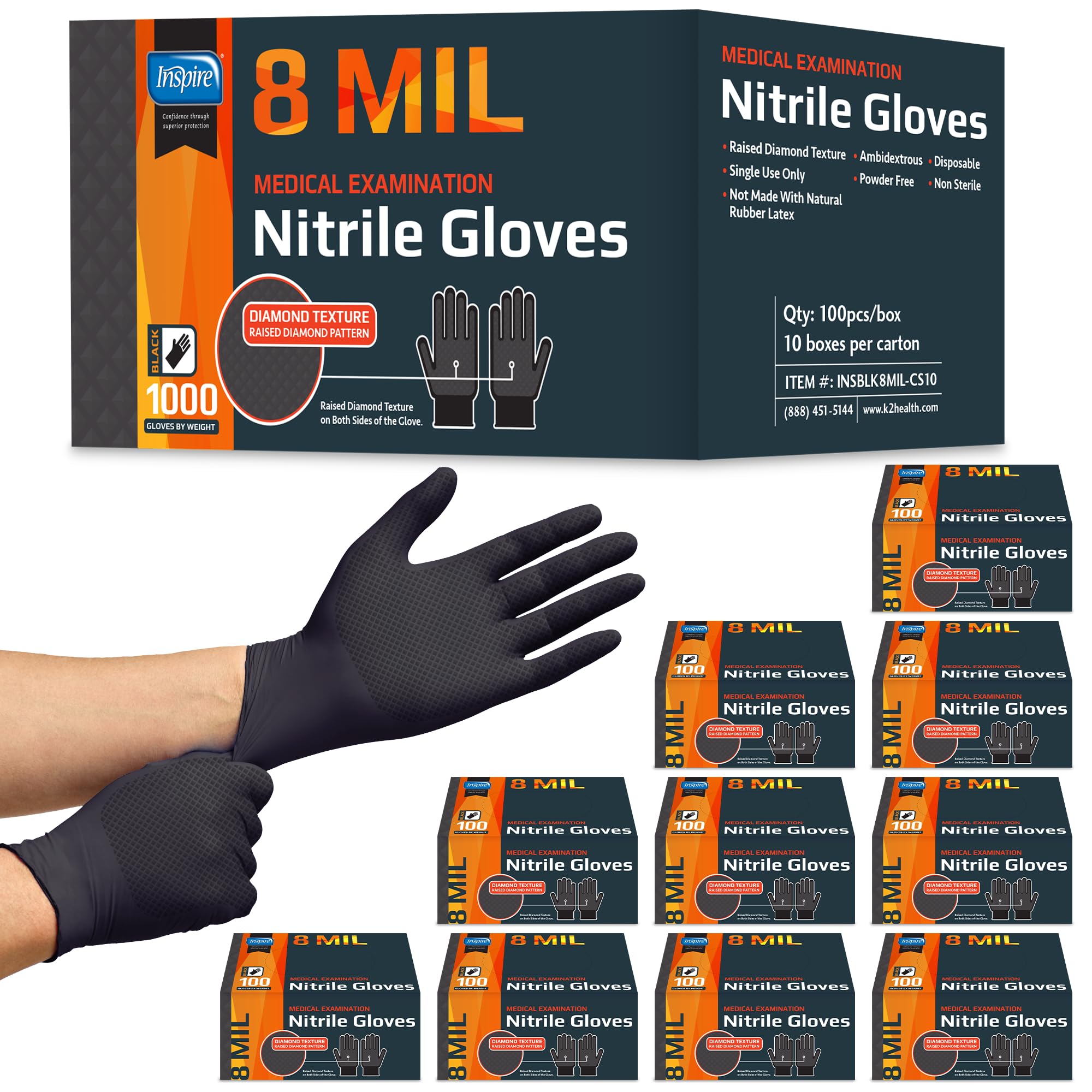 Inspire Heavy Duty Stretch Nitrile Gloves Disposable Latex Free, 8 Mil, XX-Large, Black Image