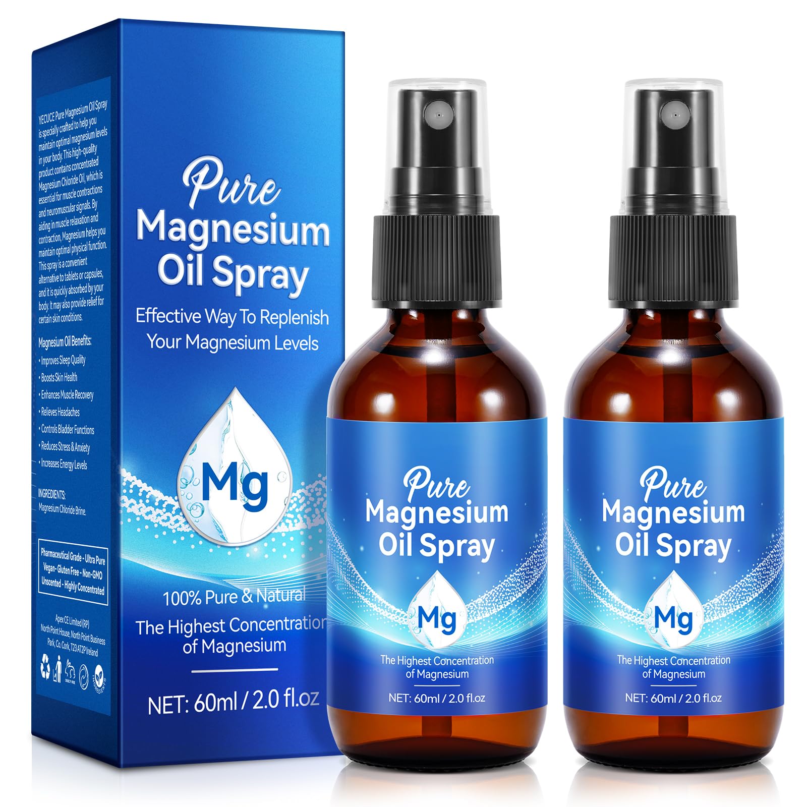 2Pack Pure Magnesium Oil Spray, Topical Magnesium Spray Glass Bottle, Organic Magnesium Spray for Feet, Nourish The Skin, Unclog Pores, Alleviate Hair Loss, 4 fl oz
