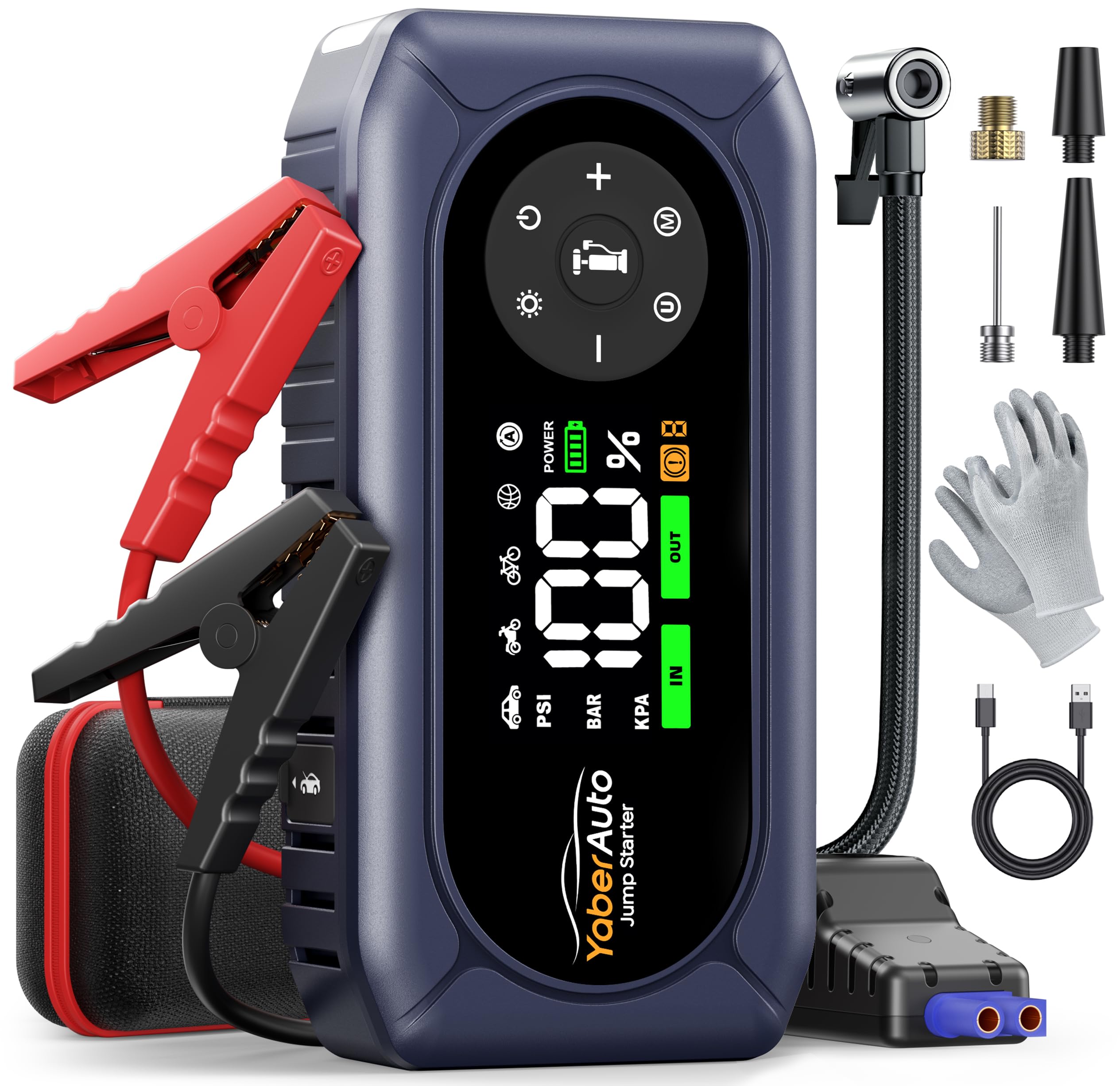 Starthilfe Powerbank für Pkw mit Kompressor 150PSI, 6000A Auto Starthilfe Powerbank für Alle Benzin und 10.0L Diesel, Starthilfe mit 500 Lumen 4 Modi LED Licht und 3.3'' LCD Display, YaberAuto AP02