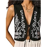 GORGLITTER Women's Boho Vest Floral Embroidered Tie Front V Neck Sleeveless Vintage Trendy Cowgirls Outfits Cardigan