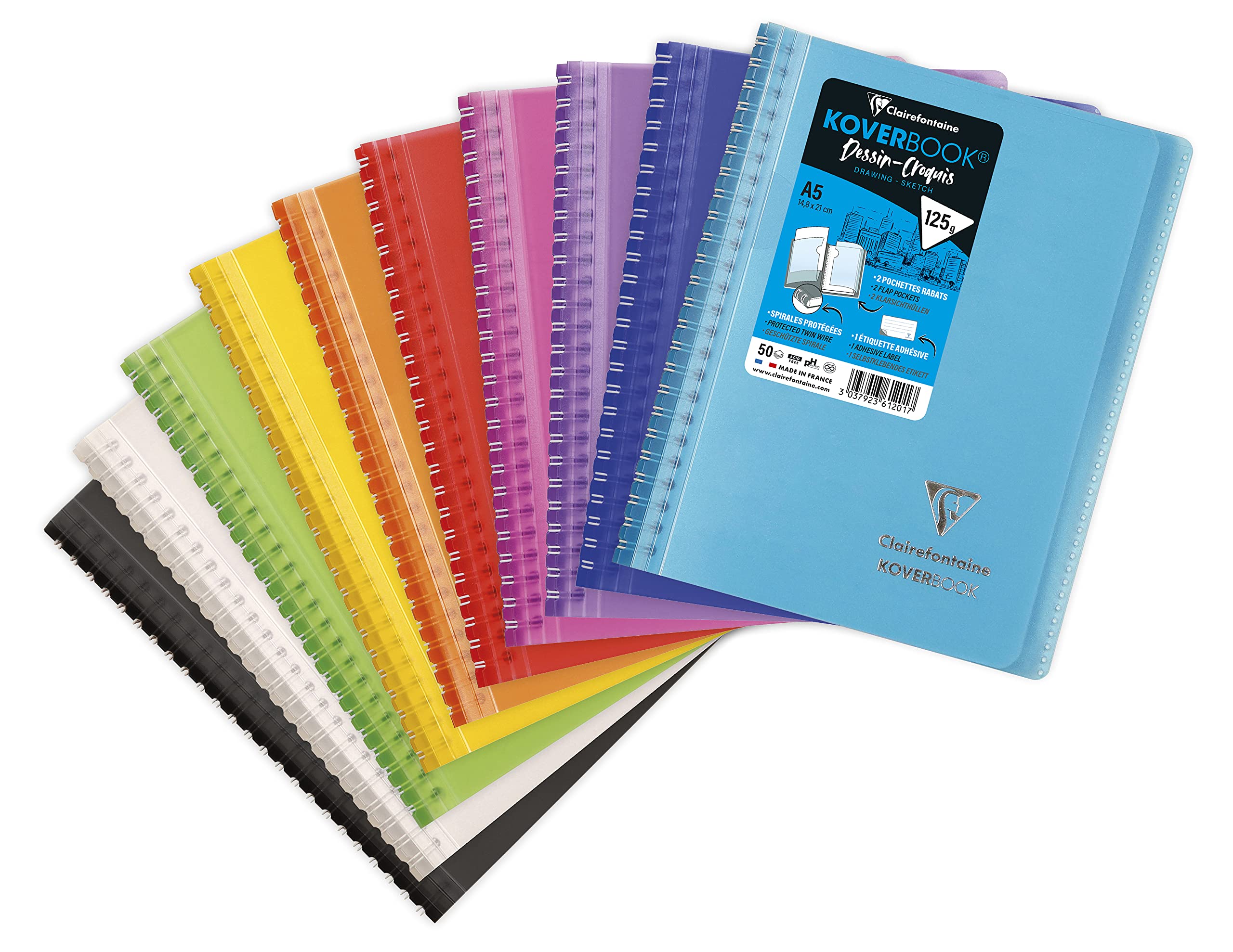 Clairefontaine 361201C A Koverbook Spiral Notebook Drawing/Sketch - A5 14,8x21 cm - 100 Pages - Extra White Drawing Paper 125 g - Polypro Random Colour Cover