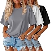 Huukeay 3 Pack Women's Half Sleeve T-Shirts, Crew Neck Elbow Length Tops Loose Casual Basic Tees Summer Cotton Tunic Tops(Black, Light Gray, White,X-Large)