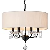 Fminlla 17.7" Modern Linen Drum Chandelier with Crystal Mid Century Modern Black Chandelier Vintage 4-Light Fabric Candle Sty