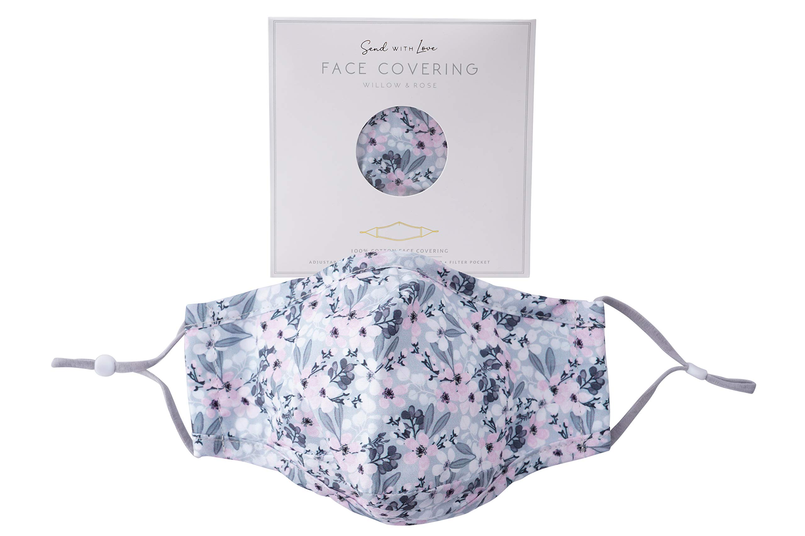 CGB Giftware | Willow & Rose Ladies Grey Floral Design Reusable Washable Face Covering | 100% Cotton With Nose Wire | Gift Boxed | Adjustable Straps | Filter Pocket | GB05621