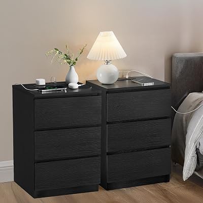 VASAGLE Kailyn Bedside Tables with Power Strip Ebony Black LET831B57