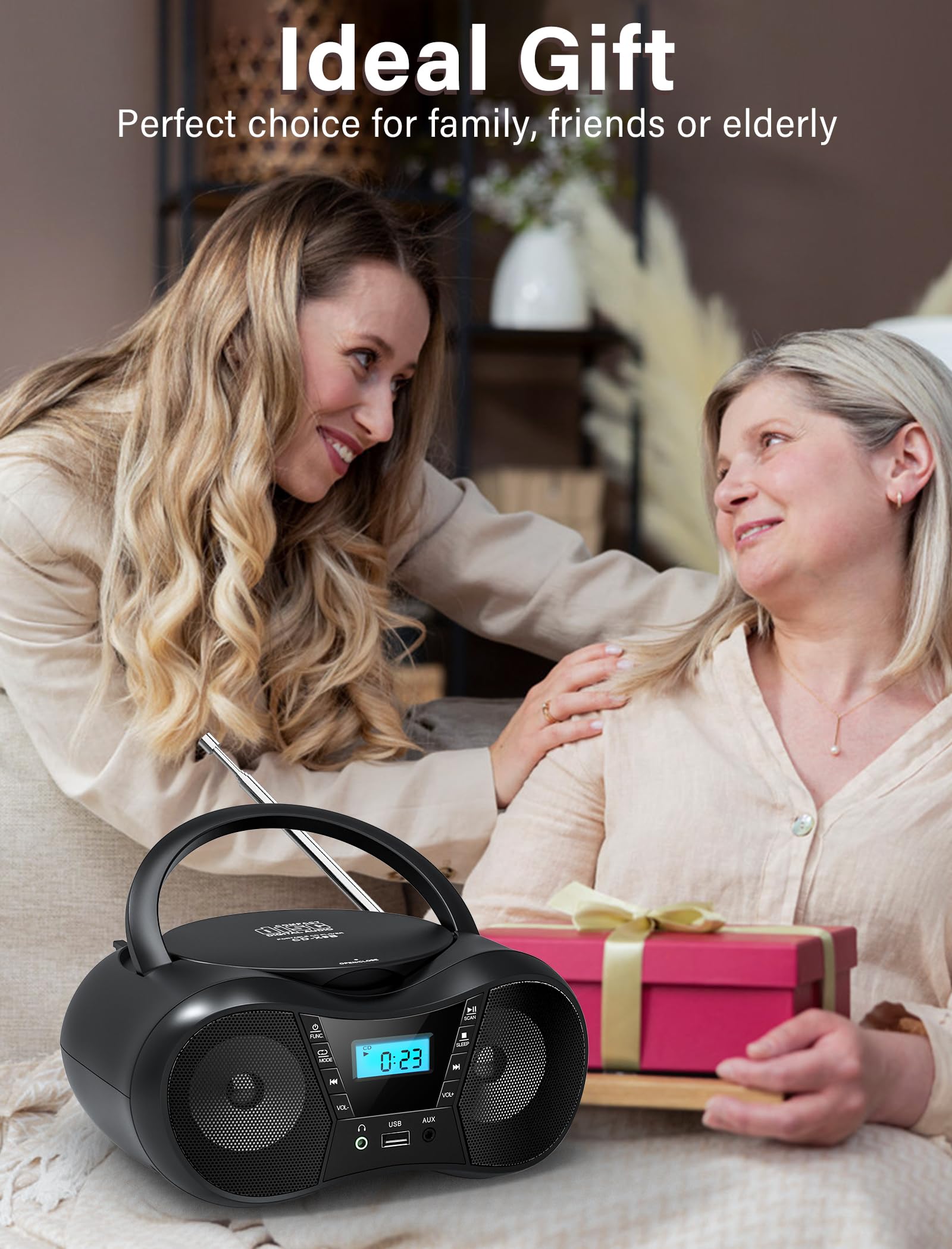 Greadio Boombox Portable CD Players for Home with Bluetooth, Boom Box CD Player FM Radio Combo, Stereo Sound, AC/Battery Powered, CD/CD-R/RW Compatible, Support AUX/USB/Headphone, Timer, Repeatable