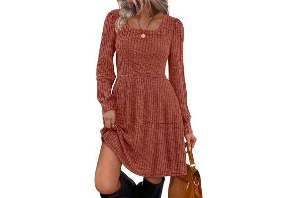 Sampeel Womens Square Neck Long Sleeve Fall Dresses Casual Babydoll Sweater Dress