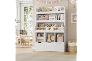 HITHOS 55.3" H Kids Bookshelf with Toy Storage Organizer, Tall Book Shelf with 3 Movable Toy Storage Bins, Large Kids Bookcase with Toy Chest, 39.2" W Modern Toy Box for Kid Room, Playroom, White
