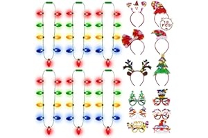 BLOWATA 18 PCS Christmas Party Favors, Light Up Christmas Headbands Glasses Necklace Set, Includes 6 PCS Christmas Necklace 6 PCS Glitter Xmas Glasses 6 PCS Christmas Headwear for Christmas Holiday Party