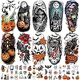 77 PCS Halloween Temporary Tattoos Adult Kids, 17 PCS Half Sleeve Pumpkin Bat Crow Witch Skull Fake Tattoos, 60 PCS Spider Cat Ghost Scar Tiny Realistic Face Body Tattoos Stickers