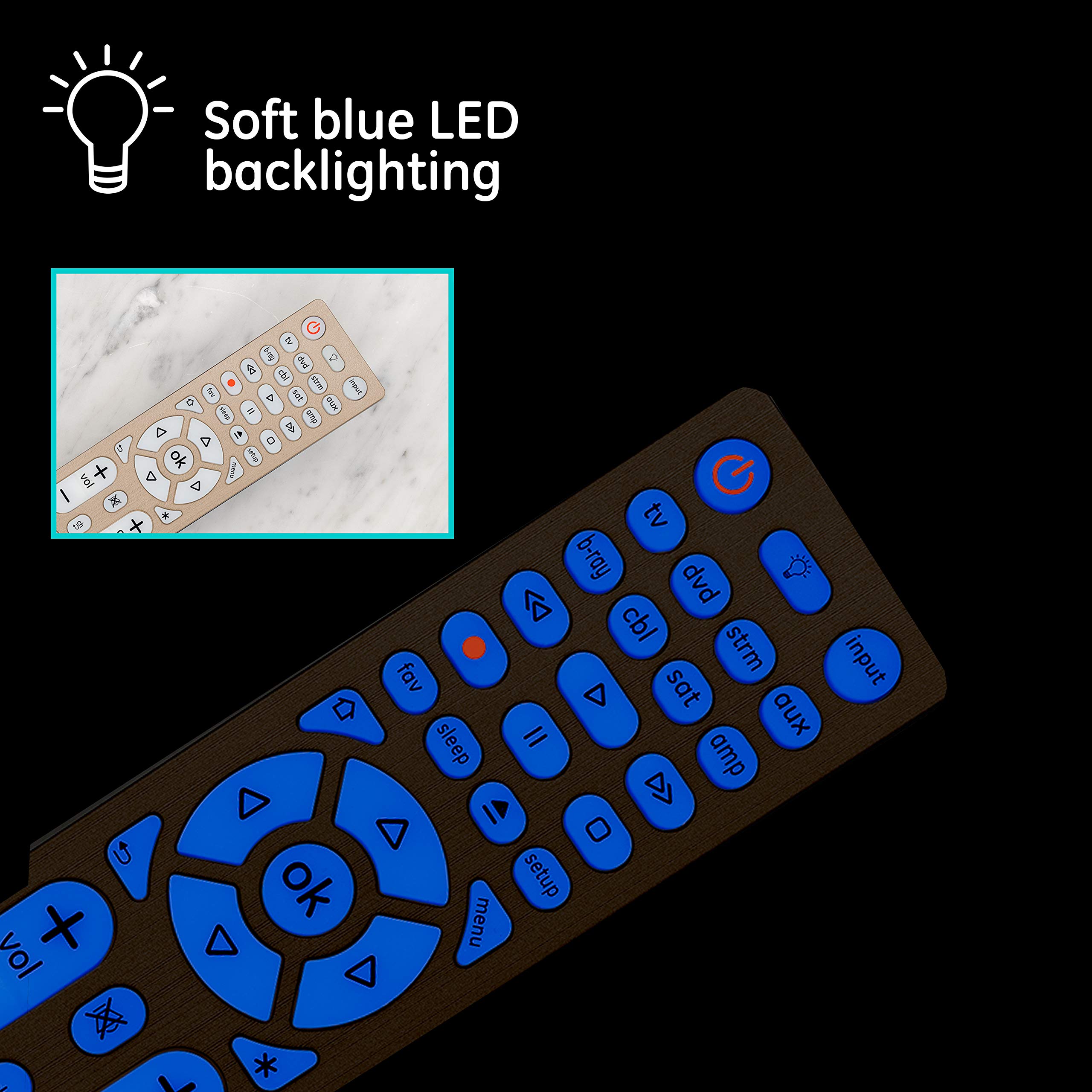 GE Universal Remote Control, Universal TV Remote for Roku TV, Samsung, Vizio, LG, Sony, Sharp, Roku, Apple TV, TCL, Panasonic, Smart TVs, Streaming Players, Blu-ray, DVD, 4-Device, Gold, 47509