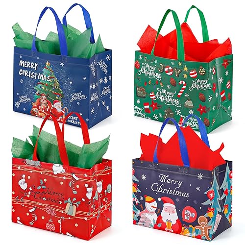 YANGTE 24 Pack 13" Large Christmas Gift Bags with Tissue Paper, Reusable Non-Woven Christmas Bag with Handles for Presents Wrapping, Shopping Xmas Party Supplies