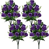Kukooka Artificial Rose Flowers Bouquet Realistic Silk Rose Fake Flowers for Wedding Home Centerpieces Party Cemetery Grave Decoration (4 Bouquets, Purple)
