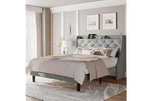 Feonase Queen Bed Frame with Luxury Wingback Upholstered Button Tufted Storage Headboard, Queen Platform Bed with Charging Station, Sturdy Wooden Slats Support, Noise-Free, Easy Assembly, Light Gray
