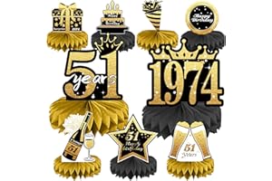 JOYCARD 51st Birthday Decorations Set, 1974 Table Toppers for Women Men Birthday Party Supplies, Happy 51 Year Old Table Decoration for Mother and Dad, 9Pcs Black & Gold Honeycomb Centerpieces