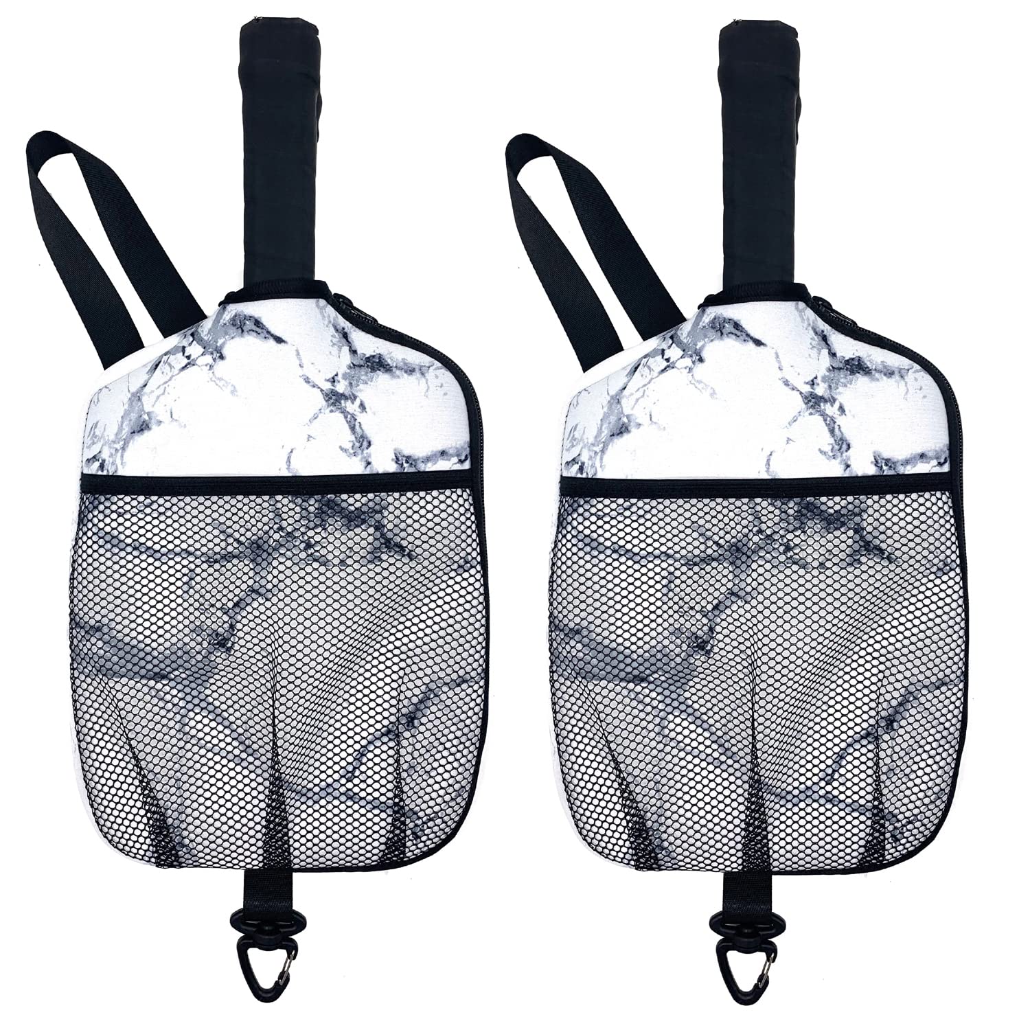 Spacmirrors Pack of 2 Neoprene Improved Pickleball Paddle Cover with Hook and Handle, Pickleball Zipper Racket Carry Sleeve with Mesh Pocket, Pickleball Paddle Protective Bag (Marble White)