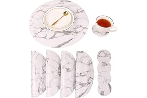 JOVONO Marble Round Placemats and Coasters, Faux Leather Waterproof Table Mats, Easy to Wipe Off for Kitchen Dining Round Table