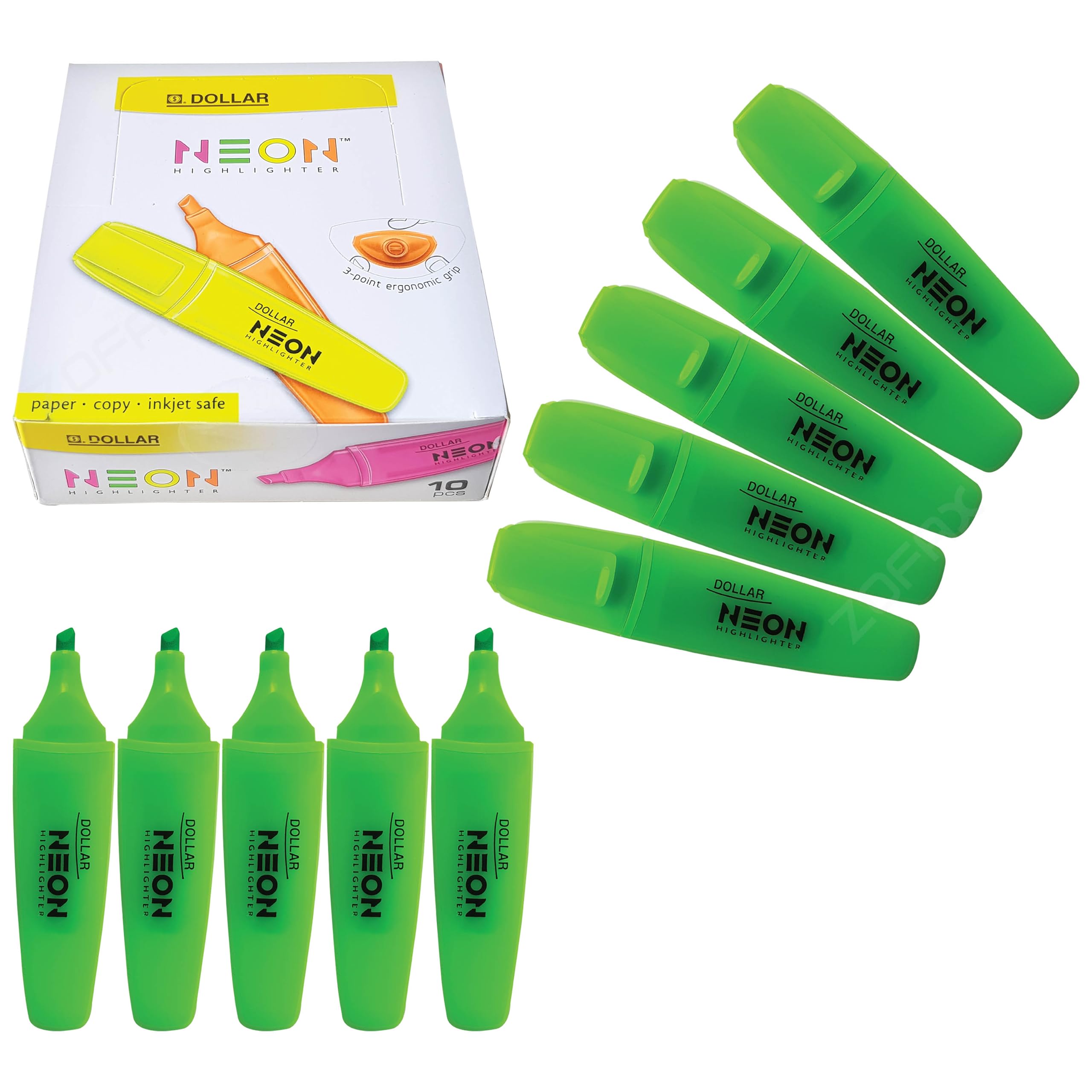DOLLAR HL625 Neon Fluorescent Highlighter Pens, GREEN, Pack of 10, Chisel Tip (5.0mm), 3-Point Grip, Multipack, Fast-drying, School Office Home Highlighters