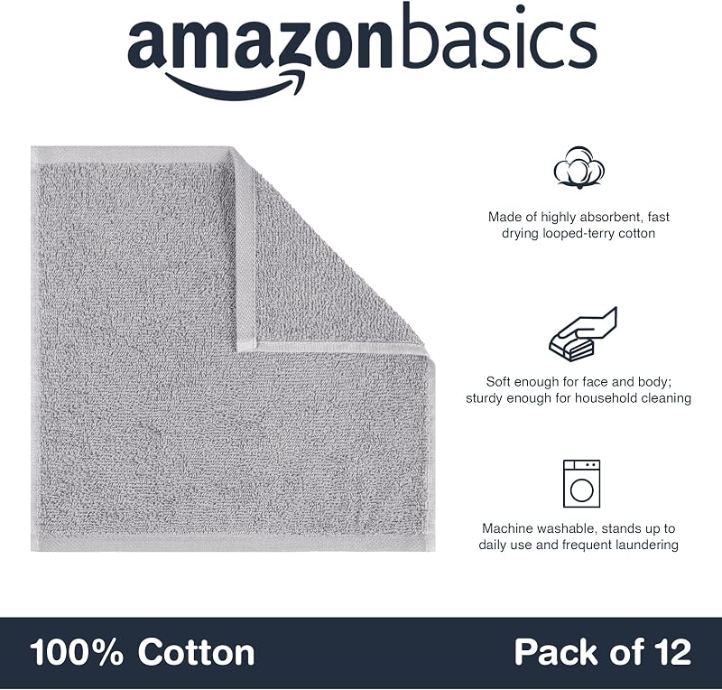 Conjunto de Toalhas de Banho Absorvente 100% Algodão Lavatório 30x30 cm, Cinzento, Embalar 12 Unidades — foto 3 de 8