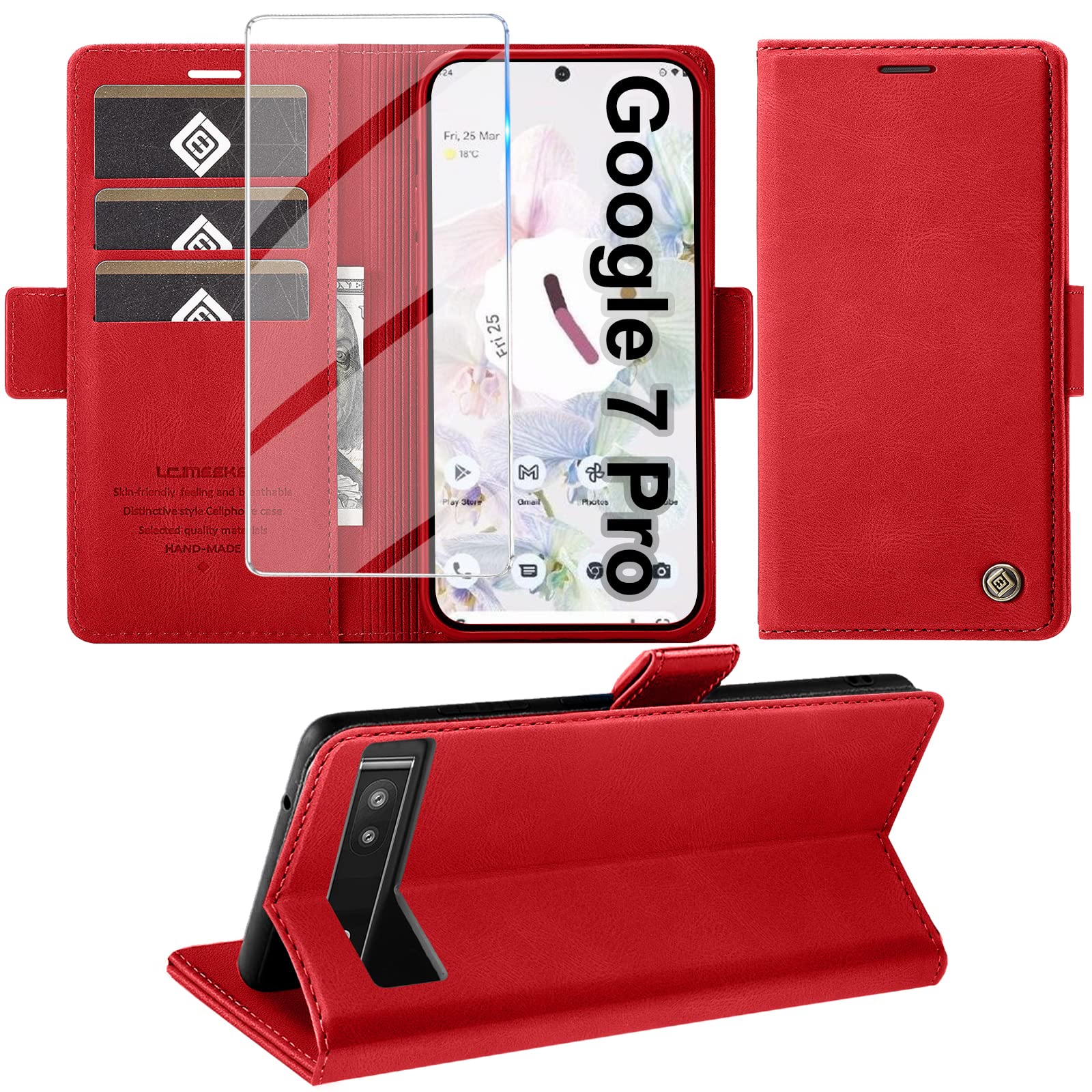 Mobile Phone Case for Google Pixel 7 Pro with Screen Protector, Stand Function, Card Slot - Premium Leather Protective Flip Case Cover Flip Case (Red)