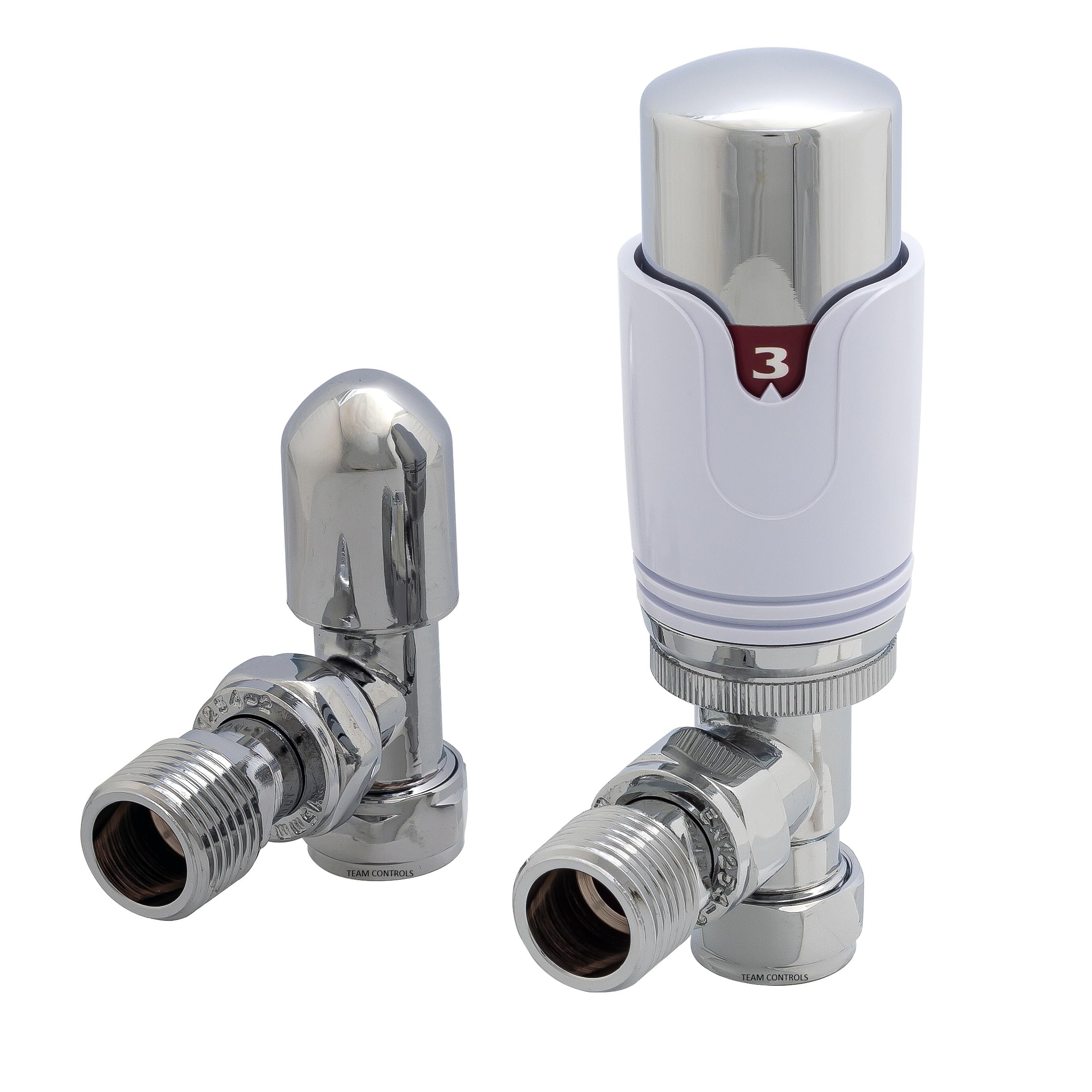 Team Controls Thermostatic Radiator Valve 15mm x 1/2'' Angled TRV Lockshield Pack Chrome/White