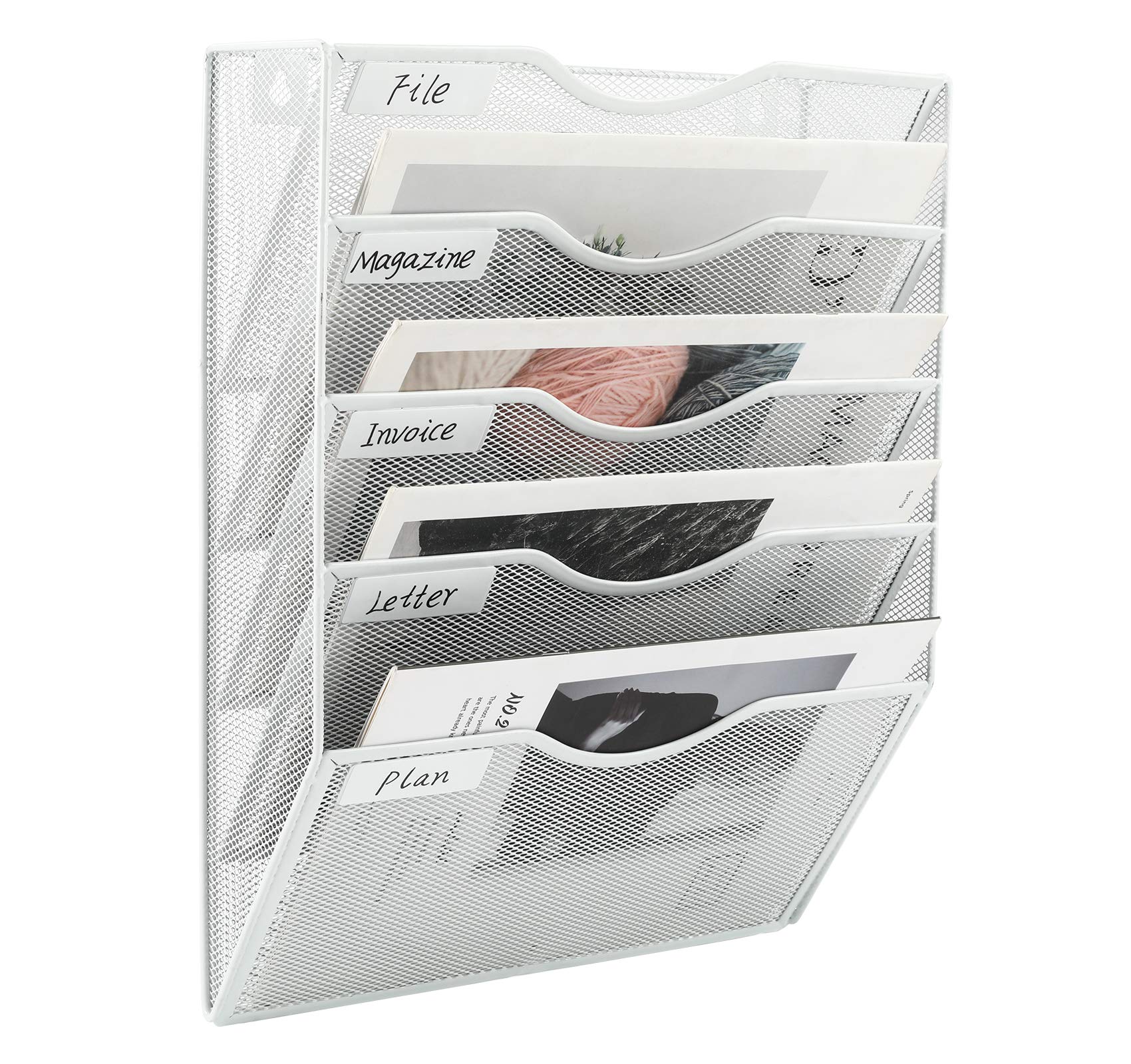 Photo 1 of EasyPAG Hanging Wall File Organizer, 5 Pocket Wall Mounted Mail Organizer, Vertical Document Folder Holder with Nametag Label, Space Saving Paper Storage Magazine Rack for Office Home School, White