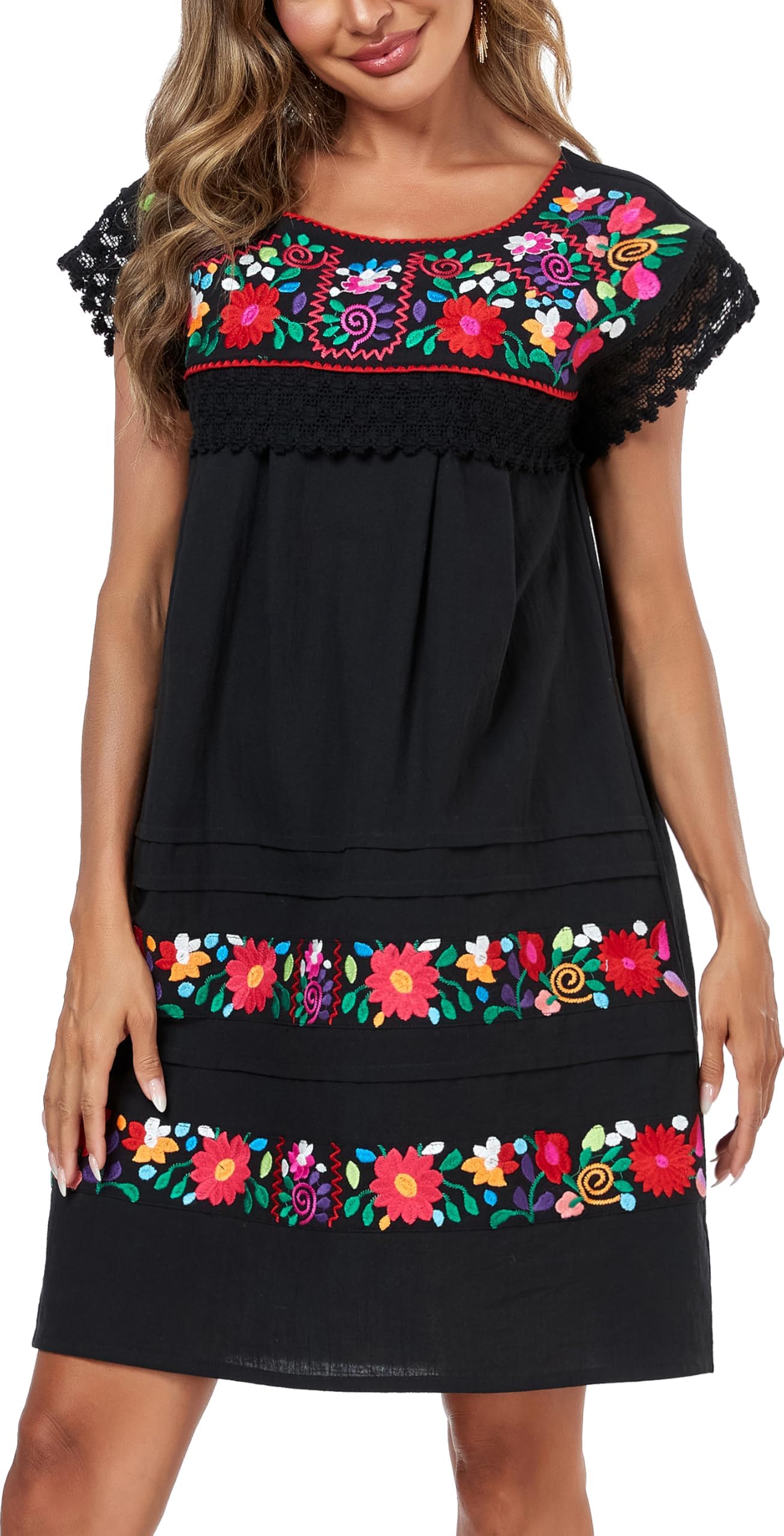 Photo 1 of YZXDORWJ Women's Mexican Dress Peasant Embroidered Floral Linen Dresses Summer Mini Lace Short Sleeve Bohemian Dress (L, 523BK)