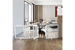 ZJSF Free standing Panel Dog Gate with Door for Indoor,Doorways,House, Hallways,or Stairs Freestanding Foldable Gate for Dog White Wooden Puppy Gate Pet Gate 24''H