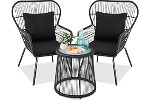 Best Choice Products 3-Piece Patio Conversation Bistro Set, Outdoor All-Weather Wicker Furniture for Porch, Backyard w/ 2 Wide Ergonomic Chairs, Cushions, Glass Top Side Table - Black