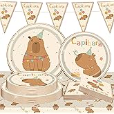 BACH AND BOOZY 42Pcs Capybara Birthday Decorations Supplies,Capybara Party Tableware Decors with Tablecloth Plates Napkins Cute Cartoon Banner for Party Decorations