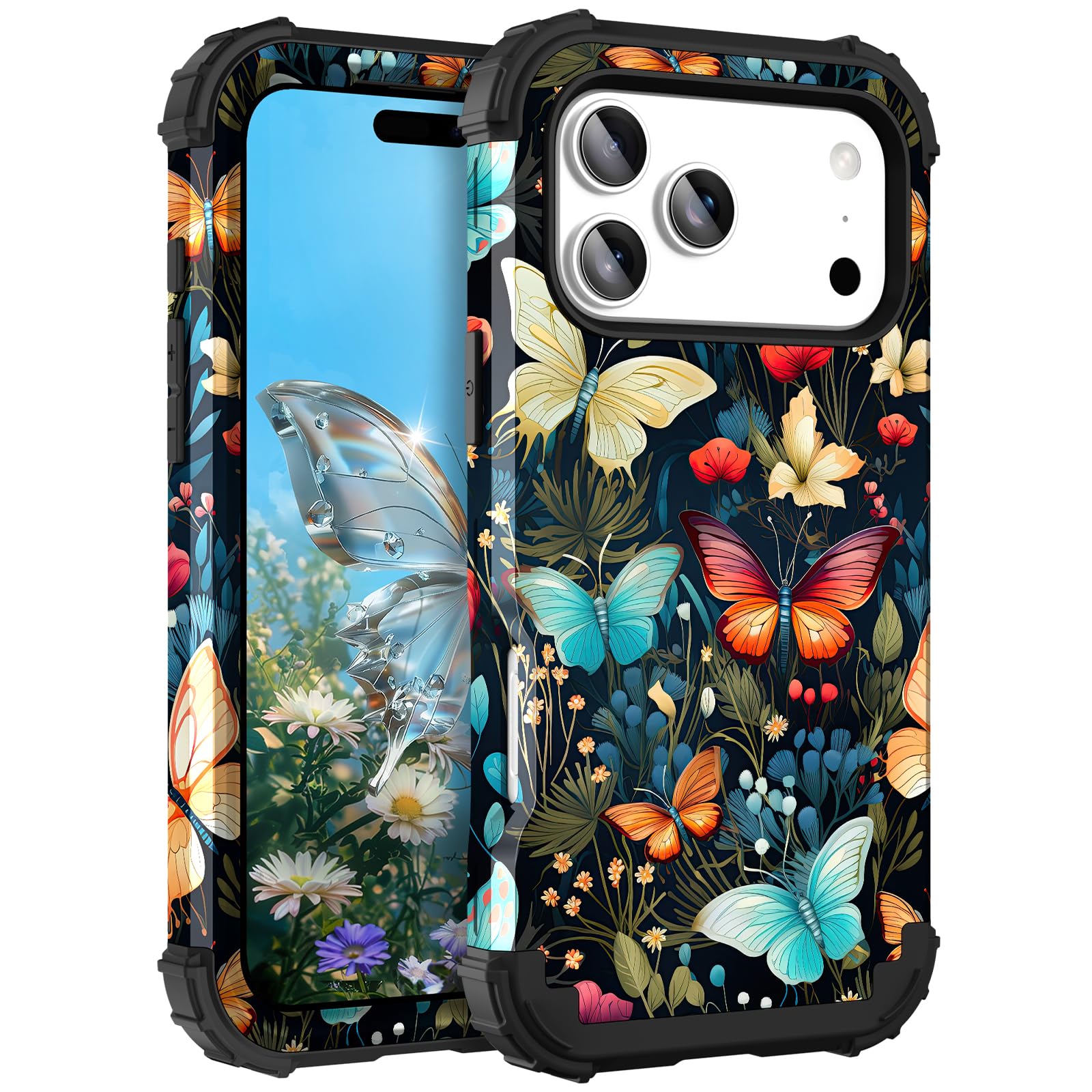 Photo 1 of Hocase for iPhone 17 Pro Case 6.3", Heavy Duty Shockproof Protection Soft Silicone Rubber+Hard Plastic Bumpers Hybrid Protective Case for iPhone 17 Pro 2025 - Joyful Butterfly