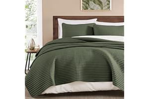 WRENSONGE Queen Quilt-3 Pieces Lightweight Bedspreads Olive Green Queen Size Quilt Bedding Set for All Seasons, Soft Summer Coverlet with 2 Pillow Shams Suitable for Bed & Couch