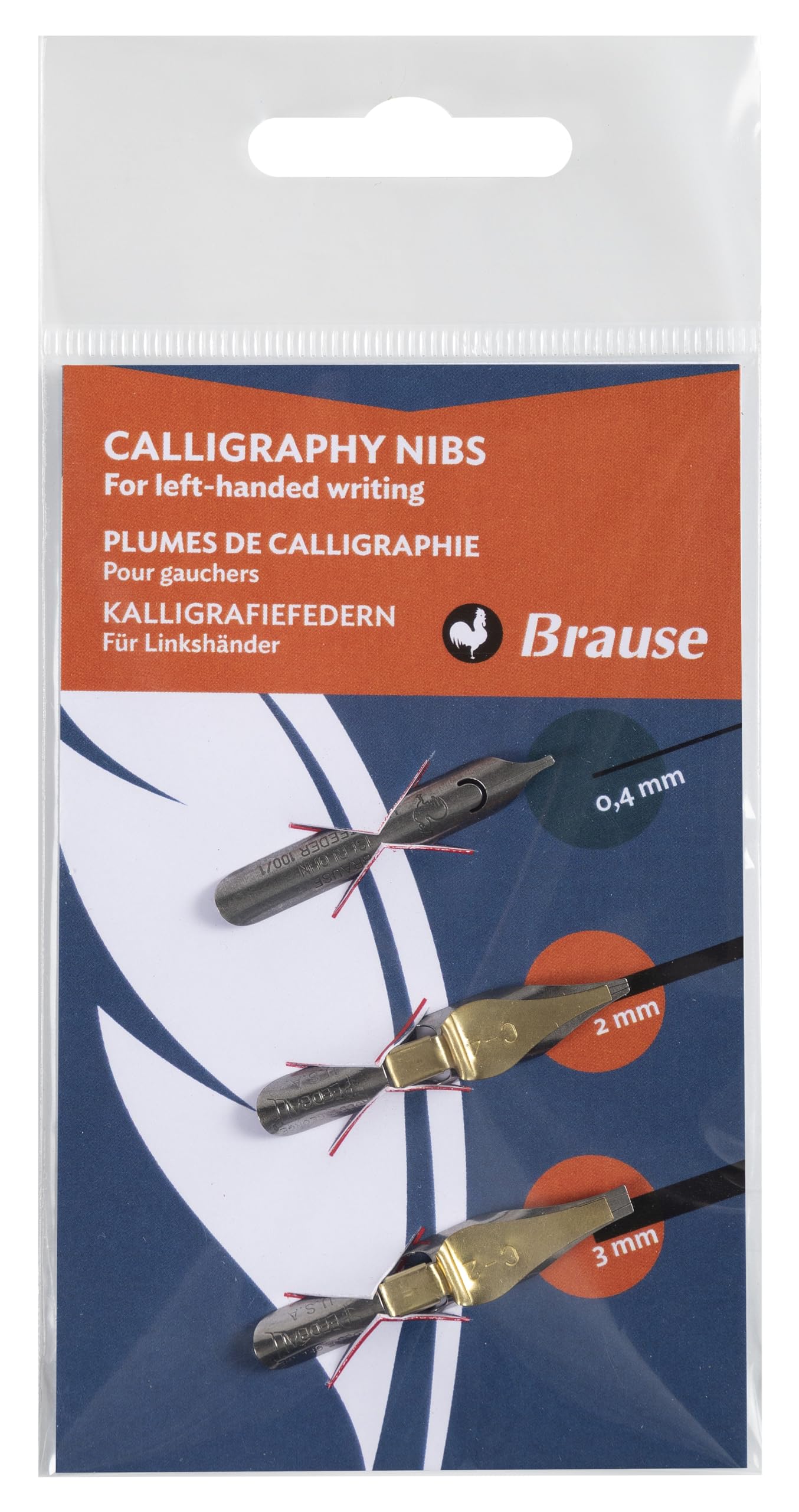 Brause 16506B - Set of 3 left-handed nibs (Latin calligraphy: Bandzug 2 and 3 mm and a Hatat 0.4 mm writing nib) - Calligraphy - Writing - Creative tools