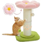 PEQULTI Flower Cat Scratching Post, Super Thick 5.5in Sisal Post, Pink | Small Cat &amp; Kitten Scratcher: Removable Flower Bed, Sisal + Spring Ball, Enlarged Double Base; Cute Pink Flower Cat Tree