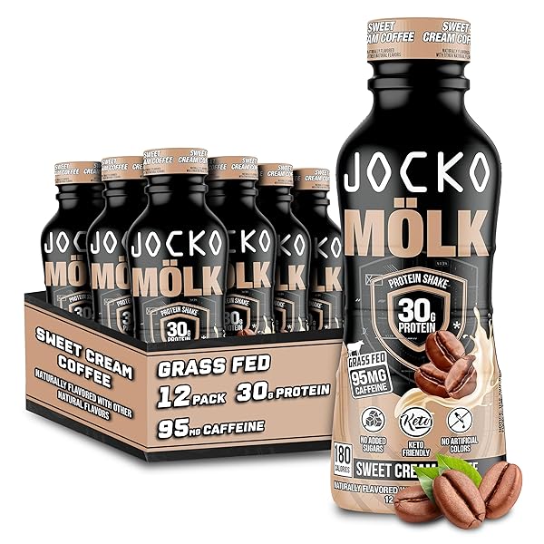 JOCKO FUEL MÖLK 30G GRASS FED PROTEIN SHAKES – NO ADDED SUGAR PROTEIN DRINKS KETO FRIENDLY – READY TO DRINK 12 FL OZ (PACK OF 12) SWEET CREAM COFFEE
