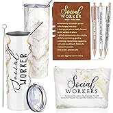 Domensi 6 Pcs Social Worker Appreciation Gifts for Women Lady Include 20oz Tumbler Makeup Bag A6 Leather Notebook Ballpoint Pens School Social Worker Must Haves Office Supplies(White)