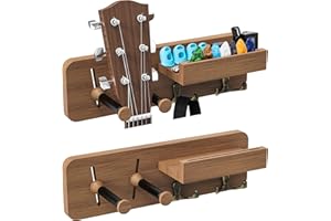 USION 2-Pack Guitar Wall Mount, Adjustable Guitar Hanger Wall Mount with Pick Holder and 2 Hooks Wood Guitar Wall Hangers, Guitar Holder for Acoustic, Electric, Bass, Ukulele(Brown 2PCS)
