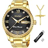 OLEVS Diamond Watches for Men,Business Dress Watch Waterproof Luminous,Male Golden Big Dial Luxury Casual Quartz Analog Watches with Day Date Calendar and Stainless Steel Band