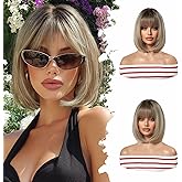 Lisook Short Blonde Bob Wig with Bangs Ombre Wig Short Blonde Wigs for Women 12 Inch Synthetic Wig Straight Highlights Wig Natural Hair Replacement Wigs for Holiday Cosplay Daliy Party Use