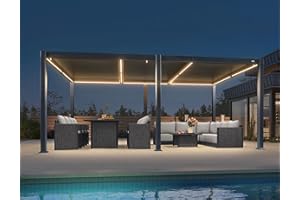 PURPLE LEAF LED Louvered Pergola 92KS 11.5' x 17.5' with Integrated Strip Lights Aluminum Independent Adjustable Rainproof Roof Hardtop Gazebo for Patio Deck Garden Yard Gray