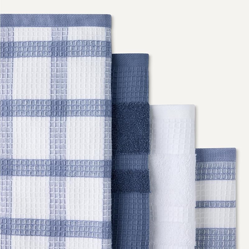 Torchons de Cuisine en 100% Coton Bio Gaufré - Ultra Absorbants, Séchage Rapide, sans Peluches, 38 x 64 cm, Lot de 6 (Assortis Bleu Marine, Blanc) — photo 4 sur 5