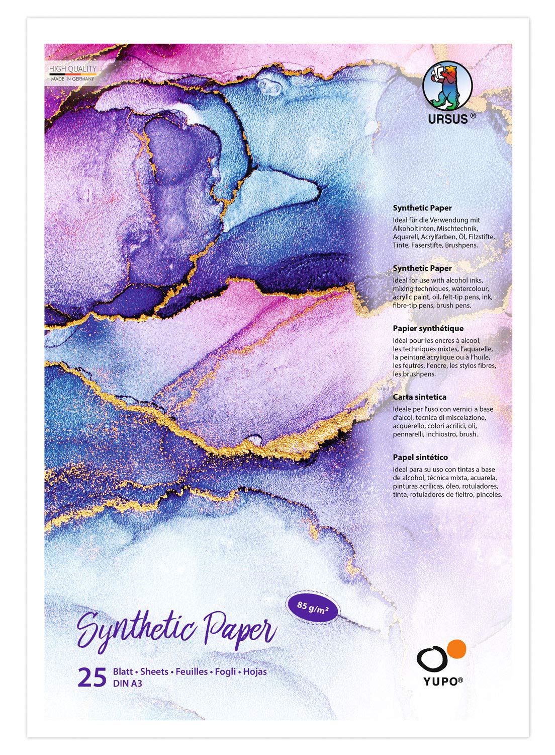 Ursus 16264000 Yupo Synthetic Paper, DIN A3, 25 Sheets, 85 g/m², Synthetic, Smooth Surface, Tear and Waterproof, UV Lightfast, Extremely Durable, 100% Recyclable, Versatile, White