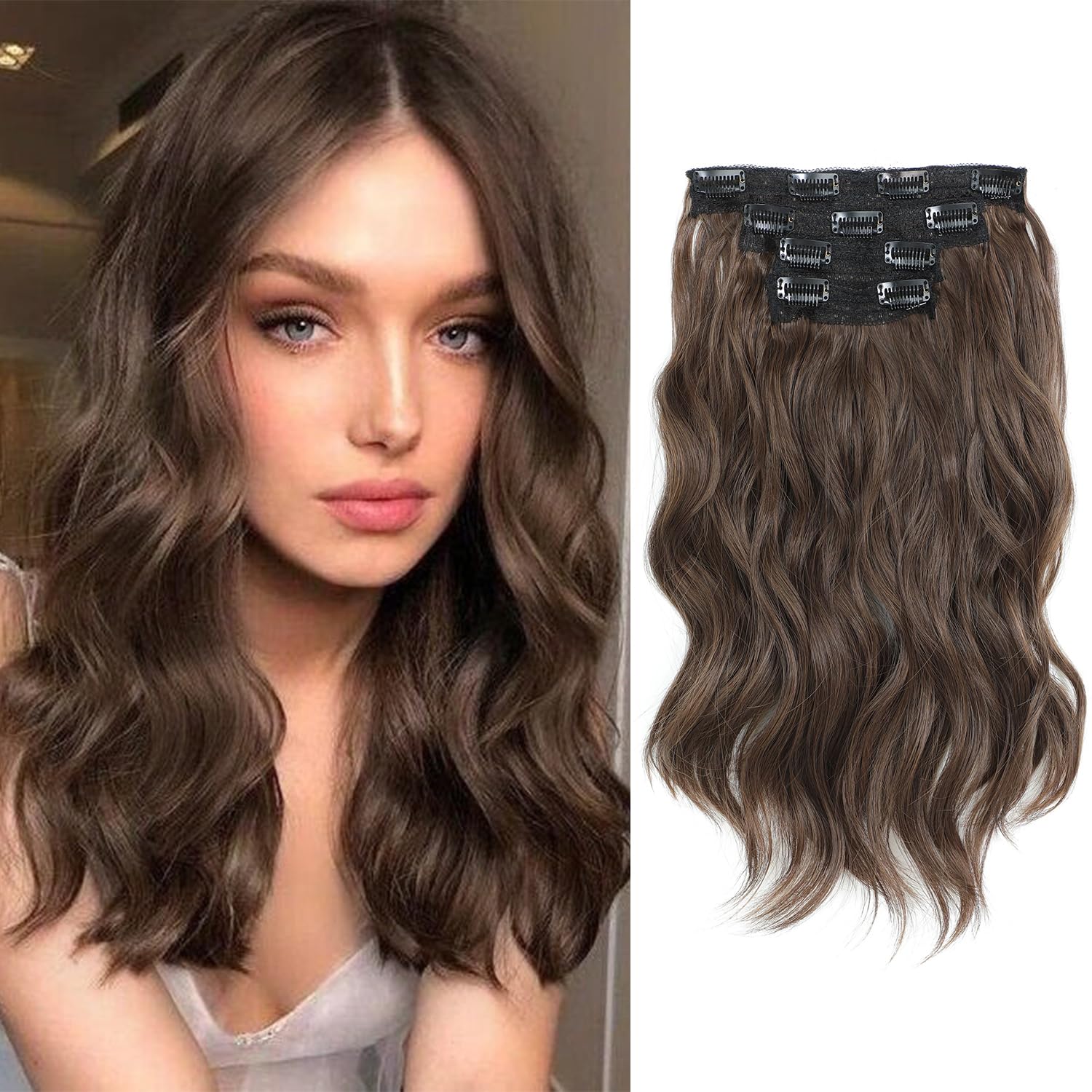 FINE PLUS Hair Extensions Clip in 4PCS Medium Brown 14Inch Hair Extension Wavy Hair Extensions Full Head Clip in Hair Extension Synthetic Fiber Hair Pieces for Women (Medium Brown)